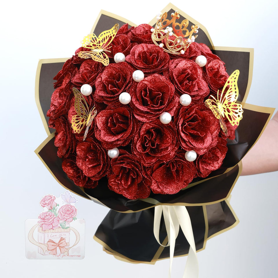 Jabeick Glitter Roses Bouquet with 24 red roses on sturdy stems for gifting