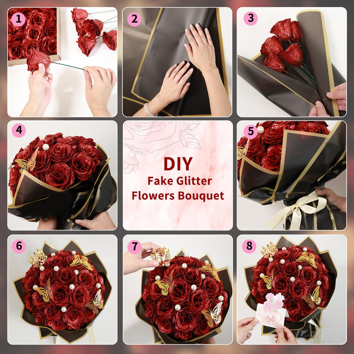 Jabeick Glitter Roses Bouquet close-up showing glitter finish and realistic stems.