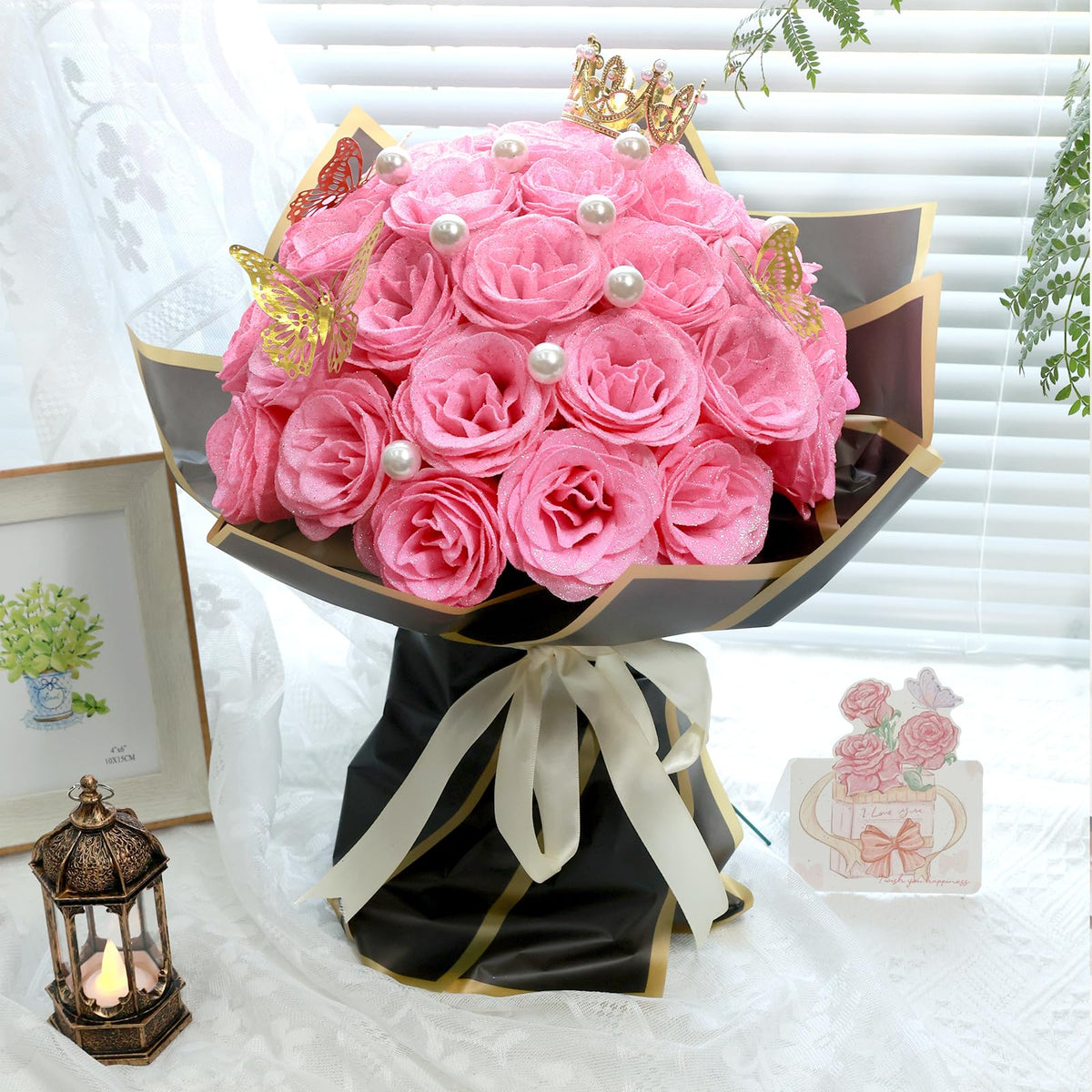 Jabeick Glitter Roses Bouquet crown and butterfly accents add whimsy.