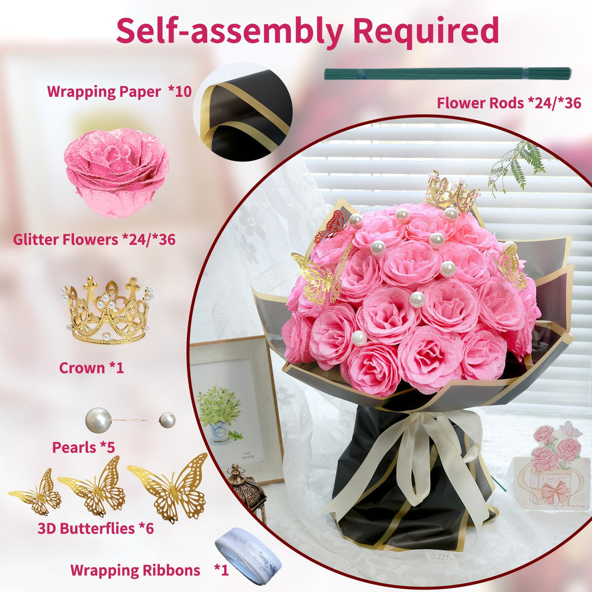 Jabeick Glitter Roses Bouquet stems and wrap ready for gifting.