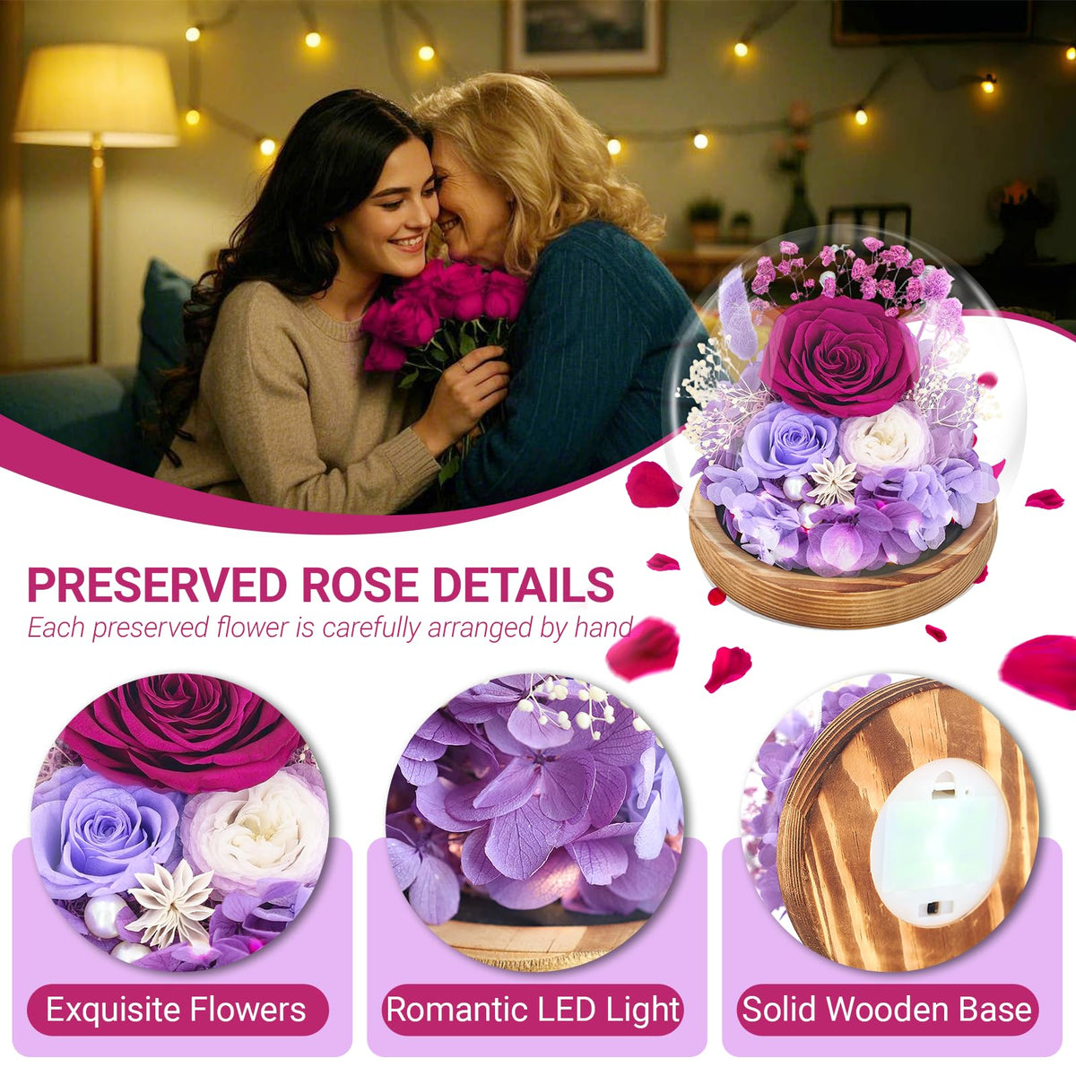 Purple preserved rose in dome with card for a heartfelt message.