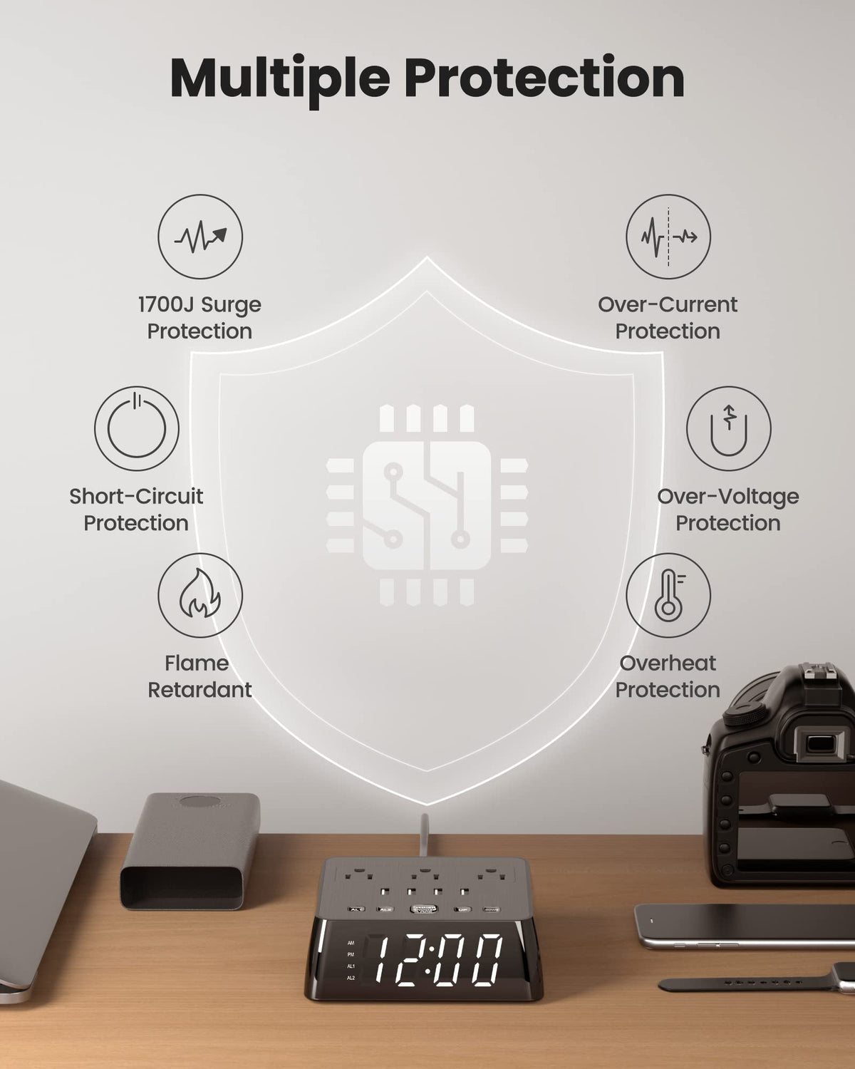 JACKYLED bedroom setup demonstrating organized charging and timekeeping