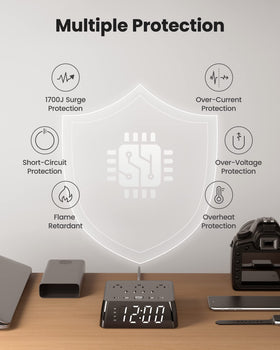 JACKYLED bedroom setup demonstrating organized charging and timekeeping
