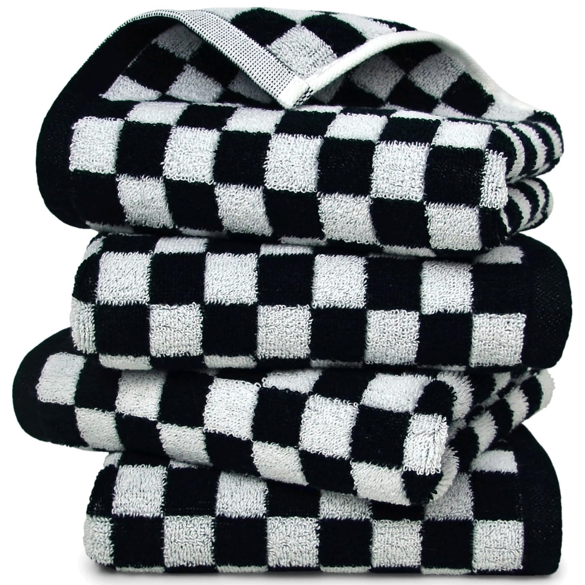 Jacquotha black and white towels folded, versatile four-pack for stylish bathroom use.