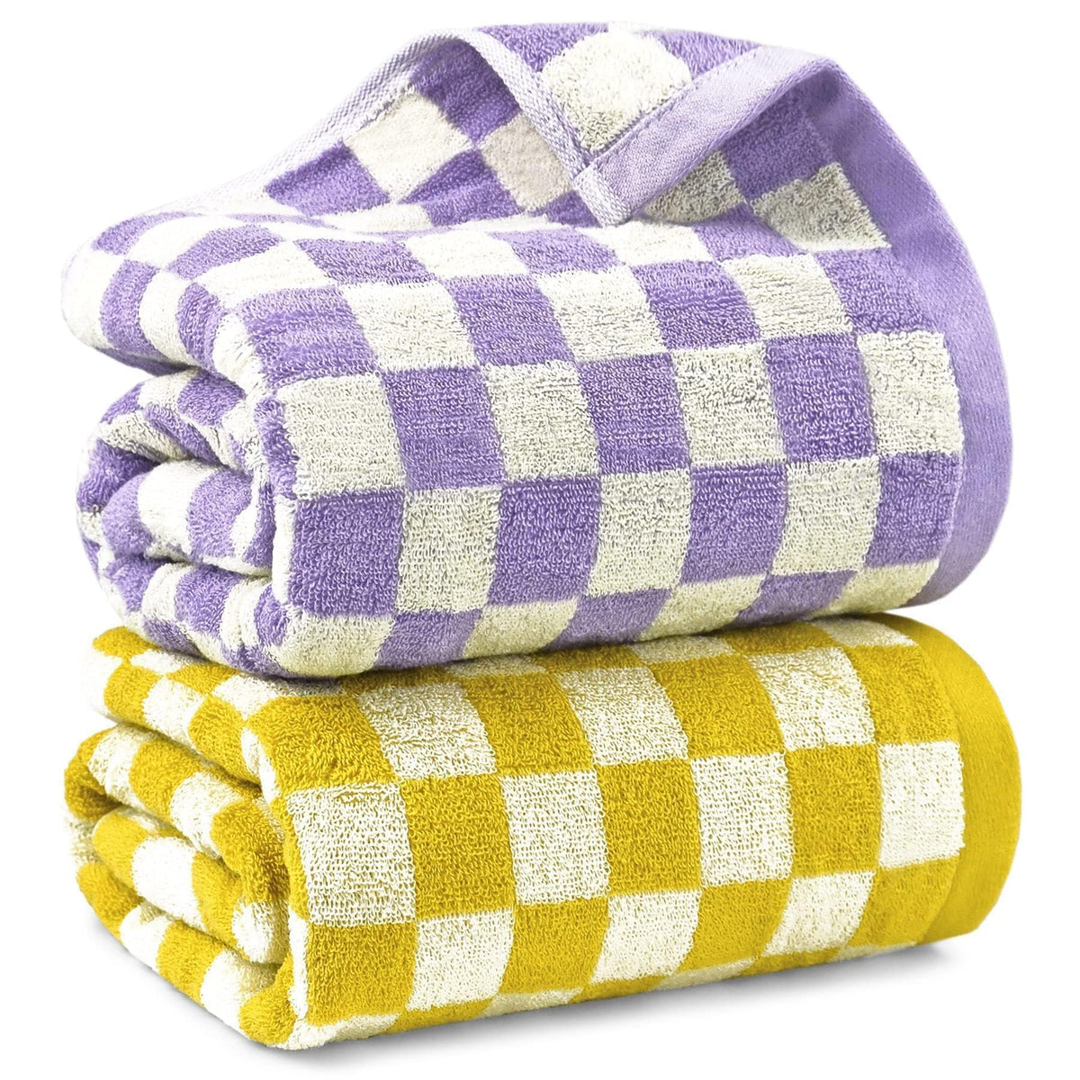 Jacquotha checkered bath towel set in yellow and lilac, quick-drying for post-shower use