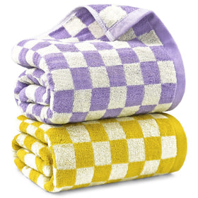 Jacquotha checkered bath towel set in yellow and lilac, quick-drying for post-shower use