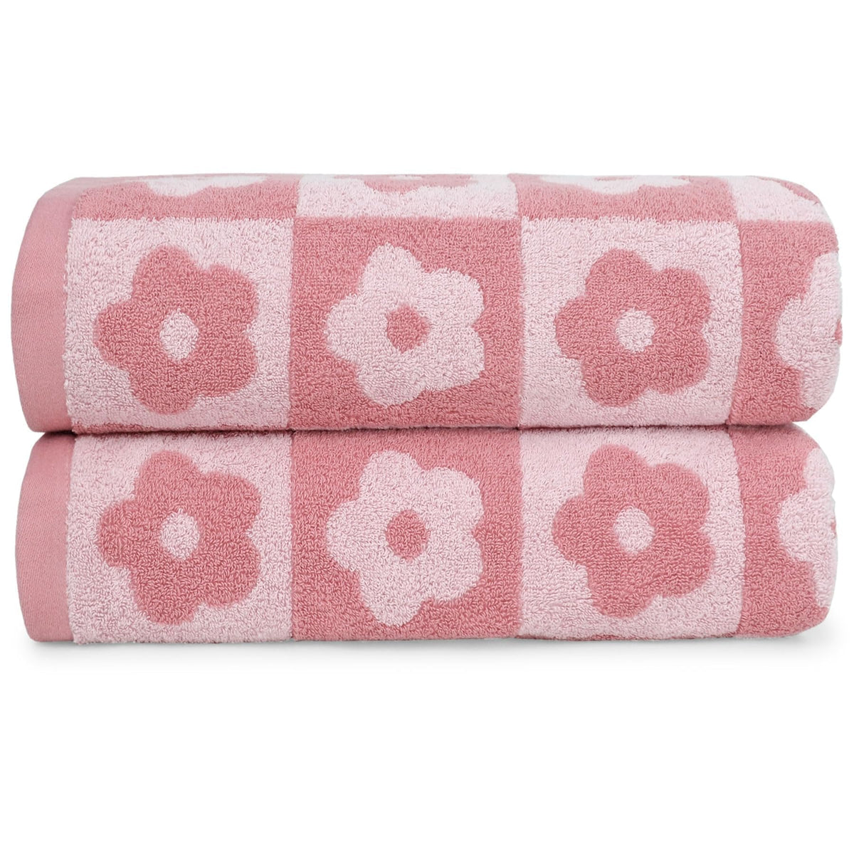 Jacquotha checkered floral pink bath towel on rack, soft and absorbent for daily showers.