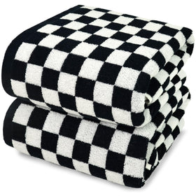 Jacquotha checkered towels folded, showing soft texture and bold bathroom style for daily use.