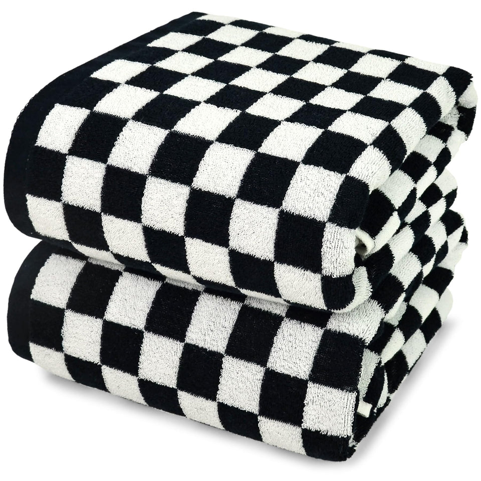 Jacquotha checkered towels folded, showing soft texture and bold bathroom style for daily use.