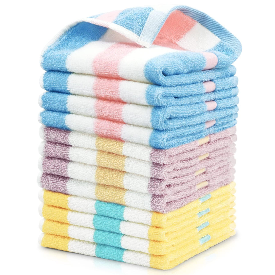 Jacquotha striped cotton washcloths in blue, peach, and pink for gym and travel