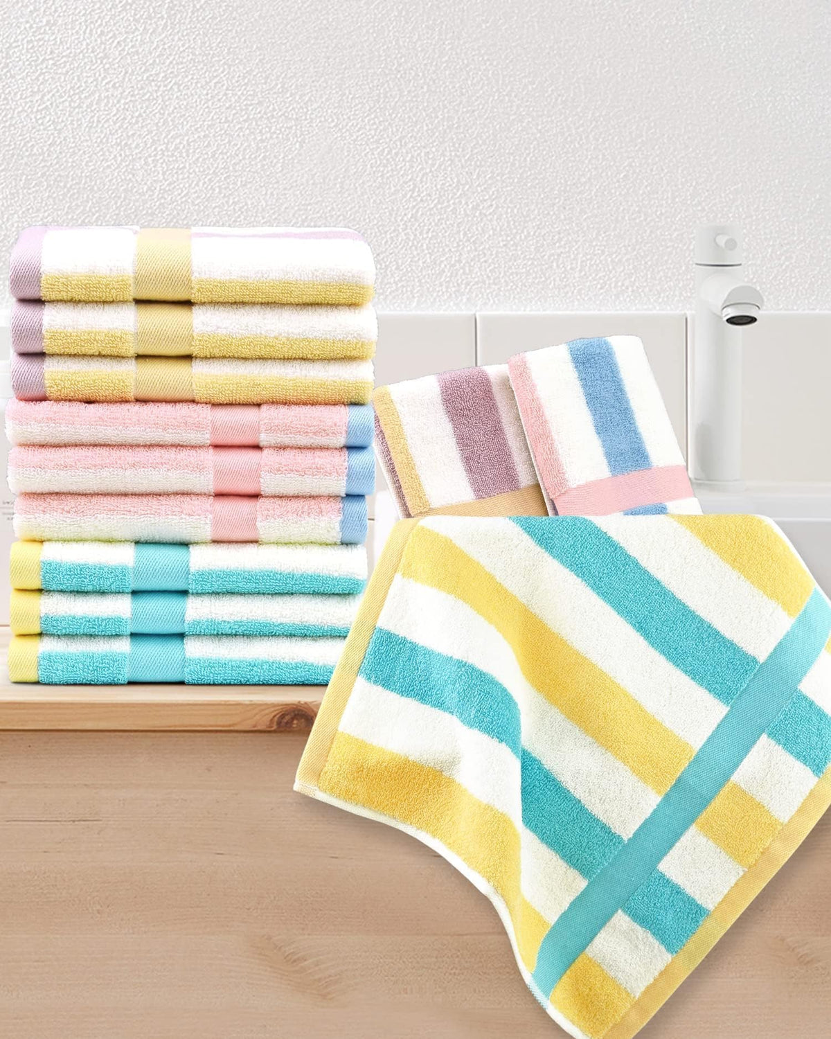 Jacquotha striped cotton washcloths teal-yellow suited for quick drying after showers