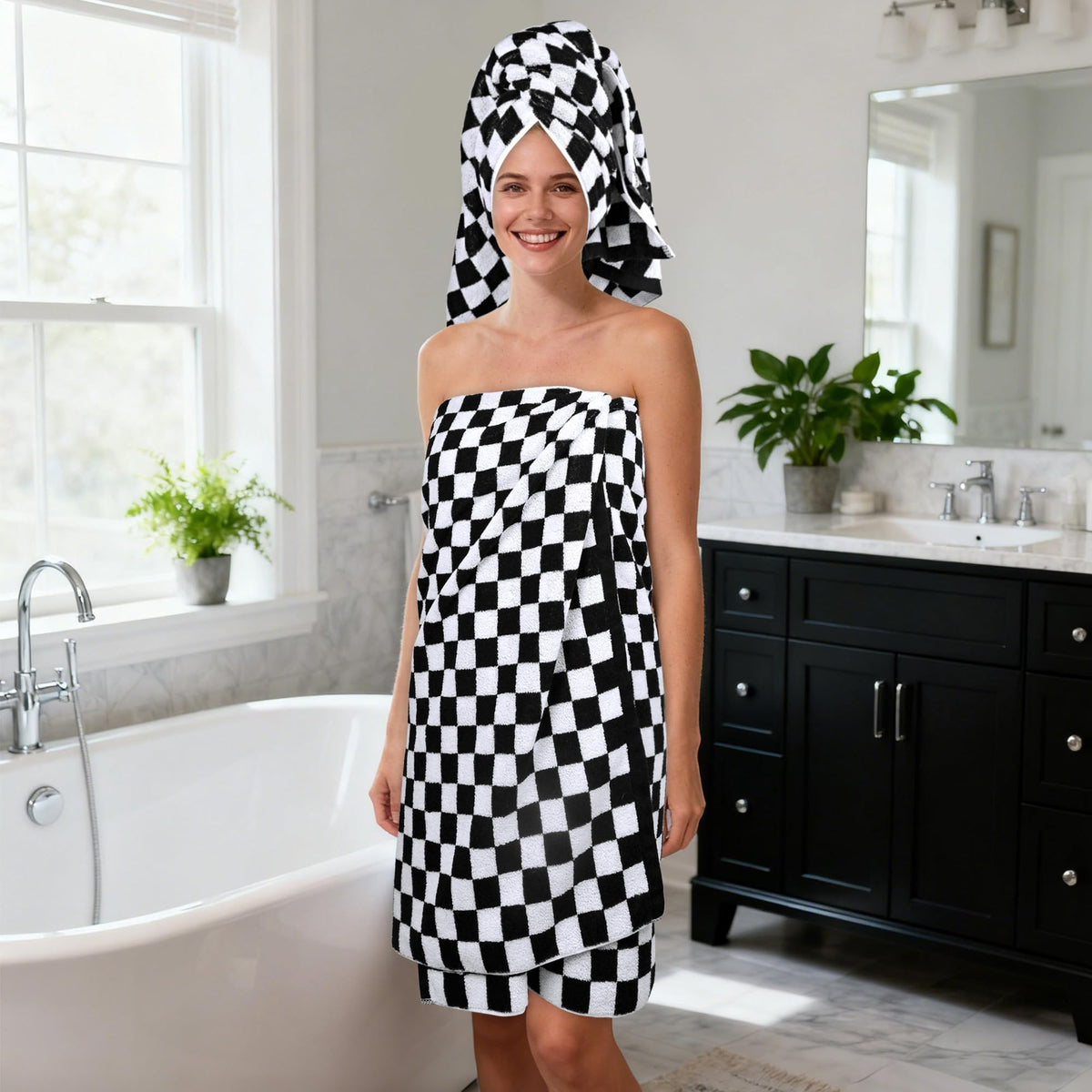 Jacquotha hand towels two-pack displayed in vanity area