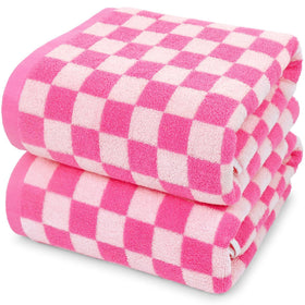 Jacquotha hot-pink checkered towels add bold bathroom decor with soft cotton.