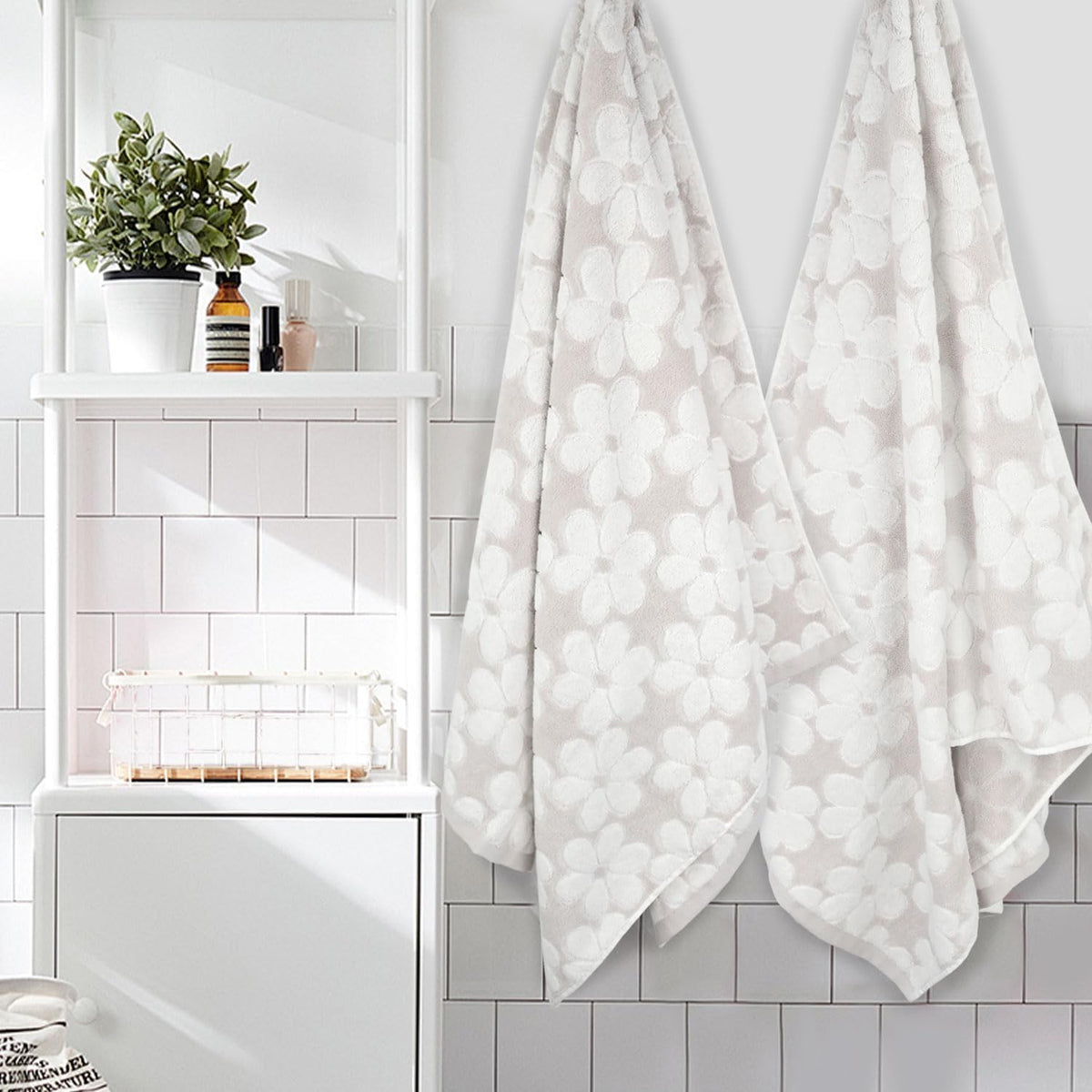 Jacquotha jacquard floral pattern towels add elegant bathroom décor.