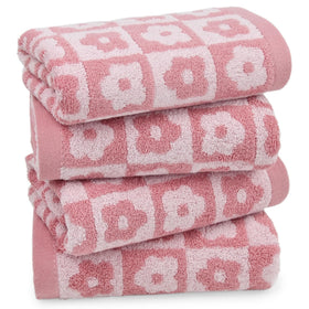 Jacquotha pink checkered floral hand towels set for quick drying and daily bathroom decor.