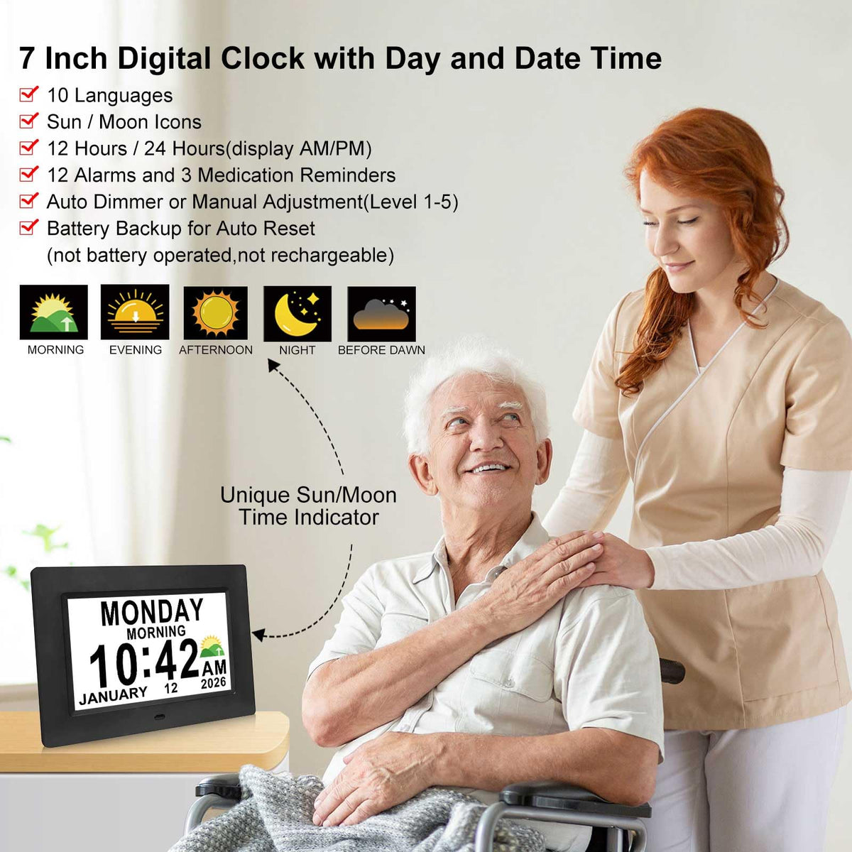 Jaihonda dementia clock time date day display aids daily planning at a glance.