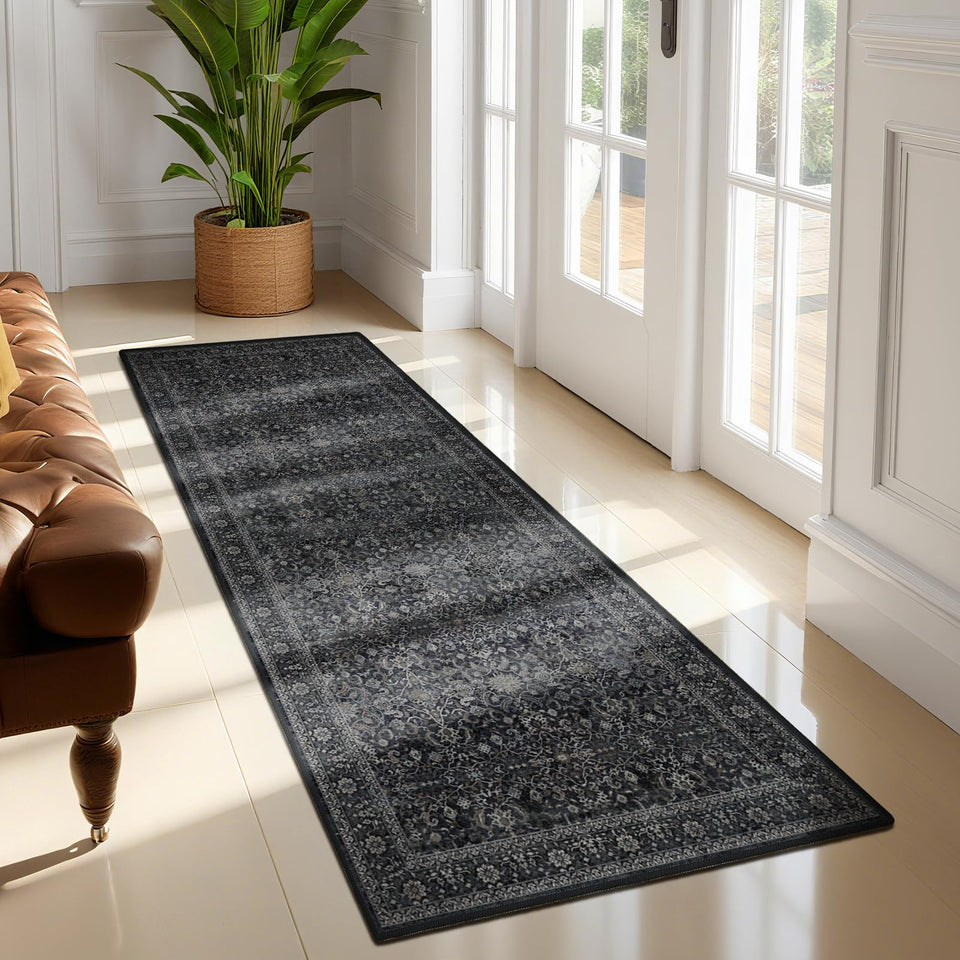 Jainmy Dark 2x6 runner rug with midnight pattern for hallway style and durability.