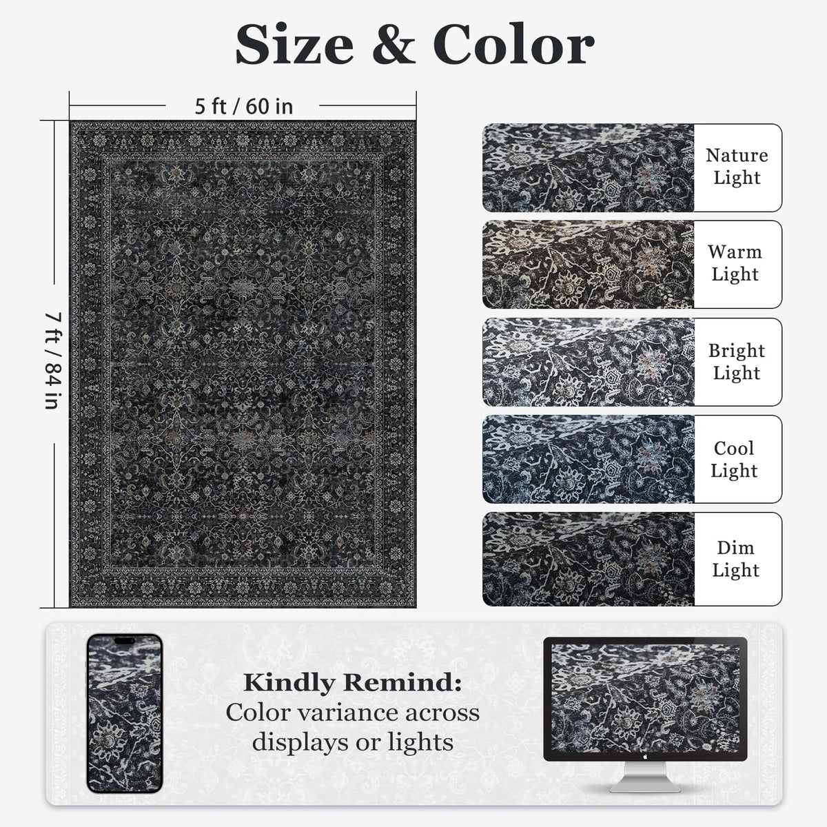 Jainmy Dark 5x7 rug close-up shows soft weave and plush feel.