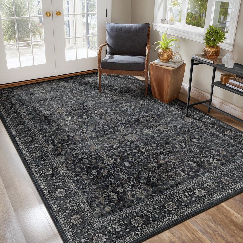 Jainmy Dark Area Rug 6x9 in charcoal adds vintage charm to living rooms.