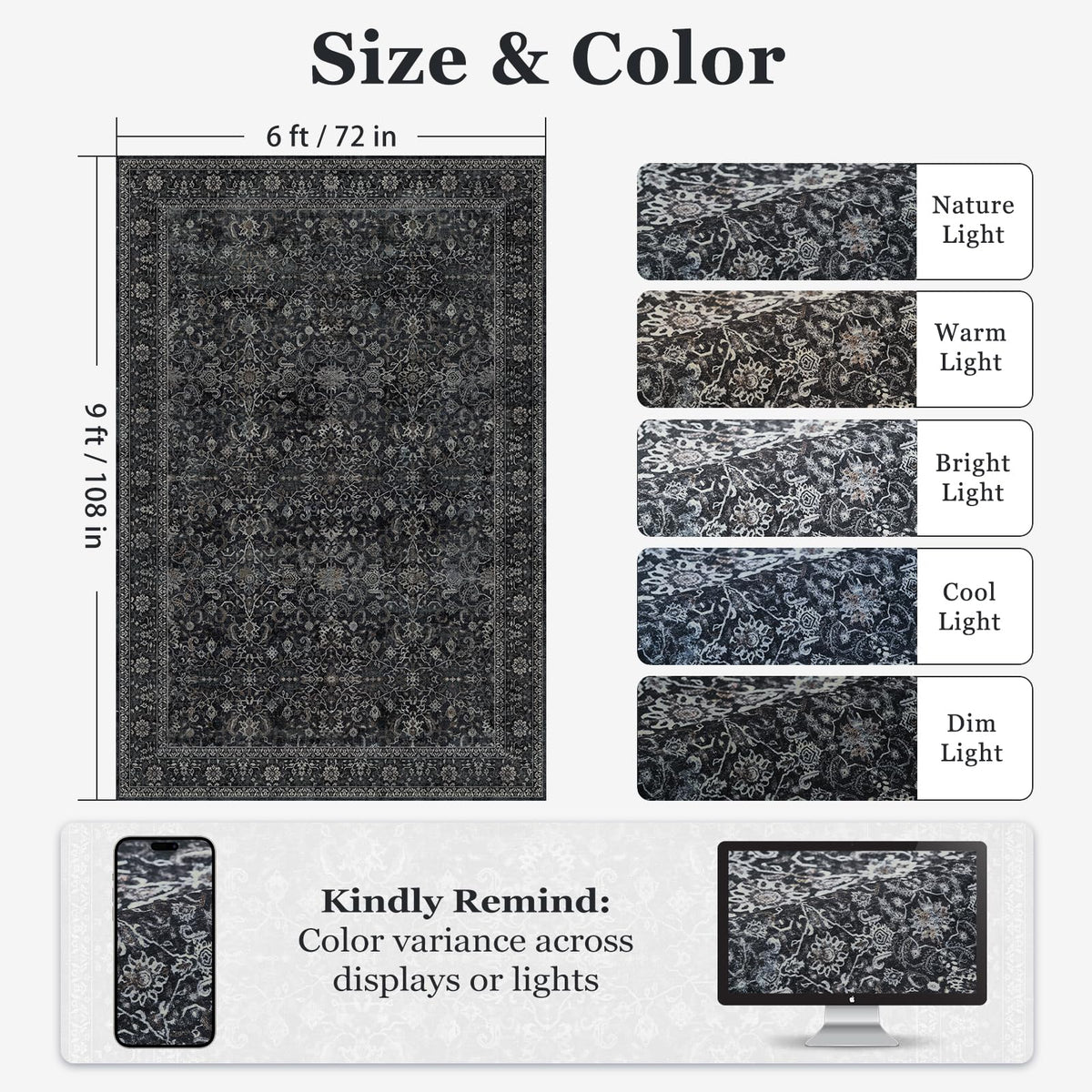 Jainmy rug features a hand-drawn vintage pattern for classic aesthetics.