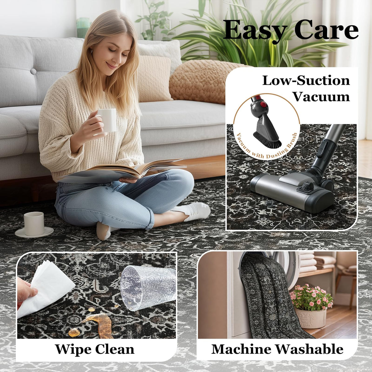 Jainmy rug is machine washable for easy cleaning.