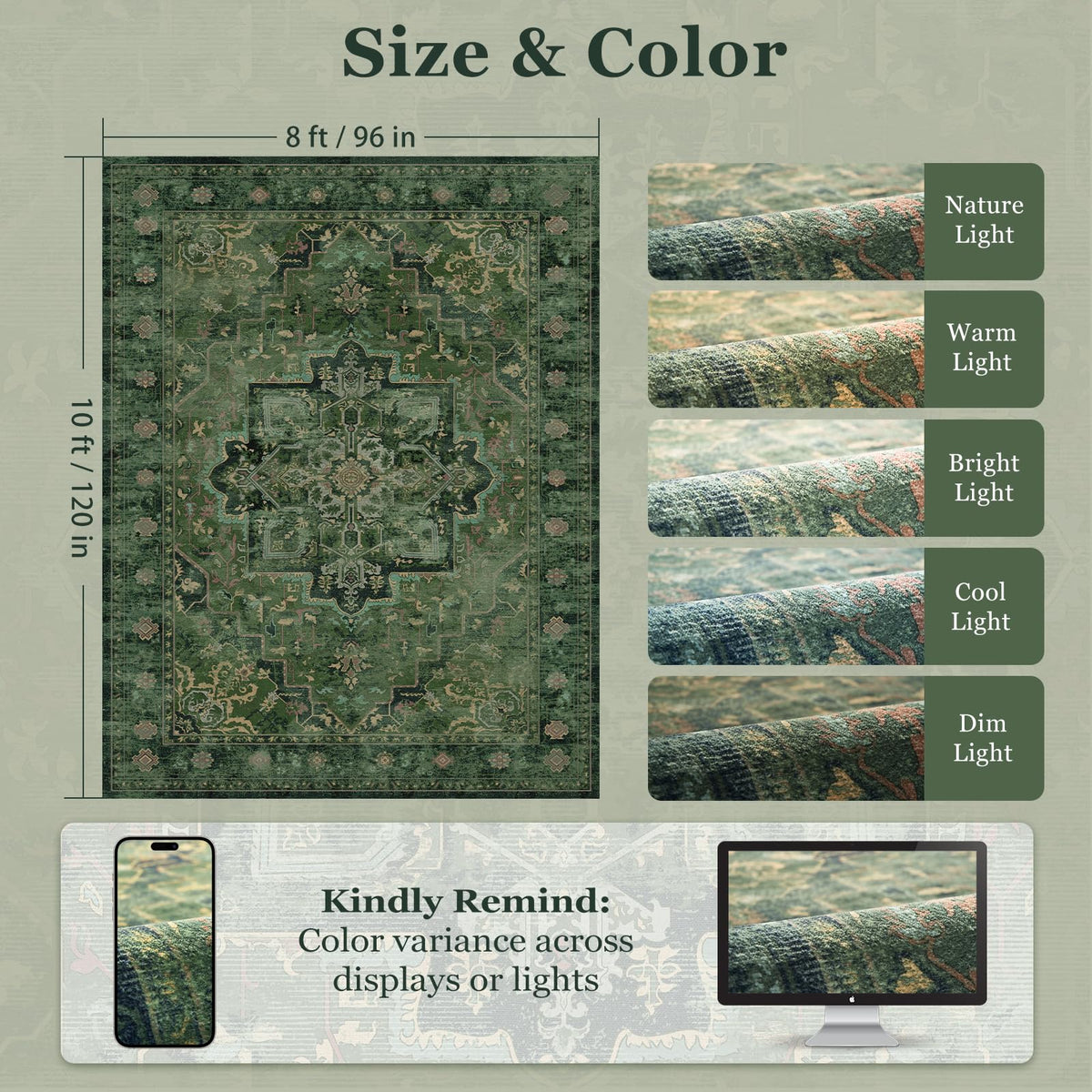 Jainmy dark green rug features soft texture for comfortable underfoot.
