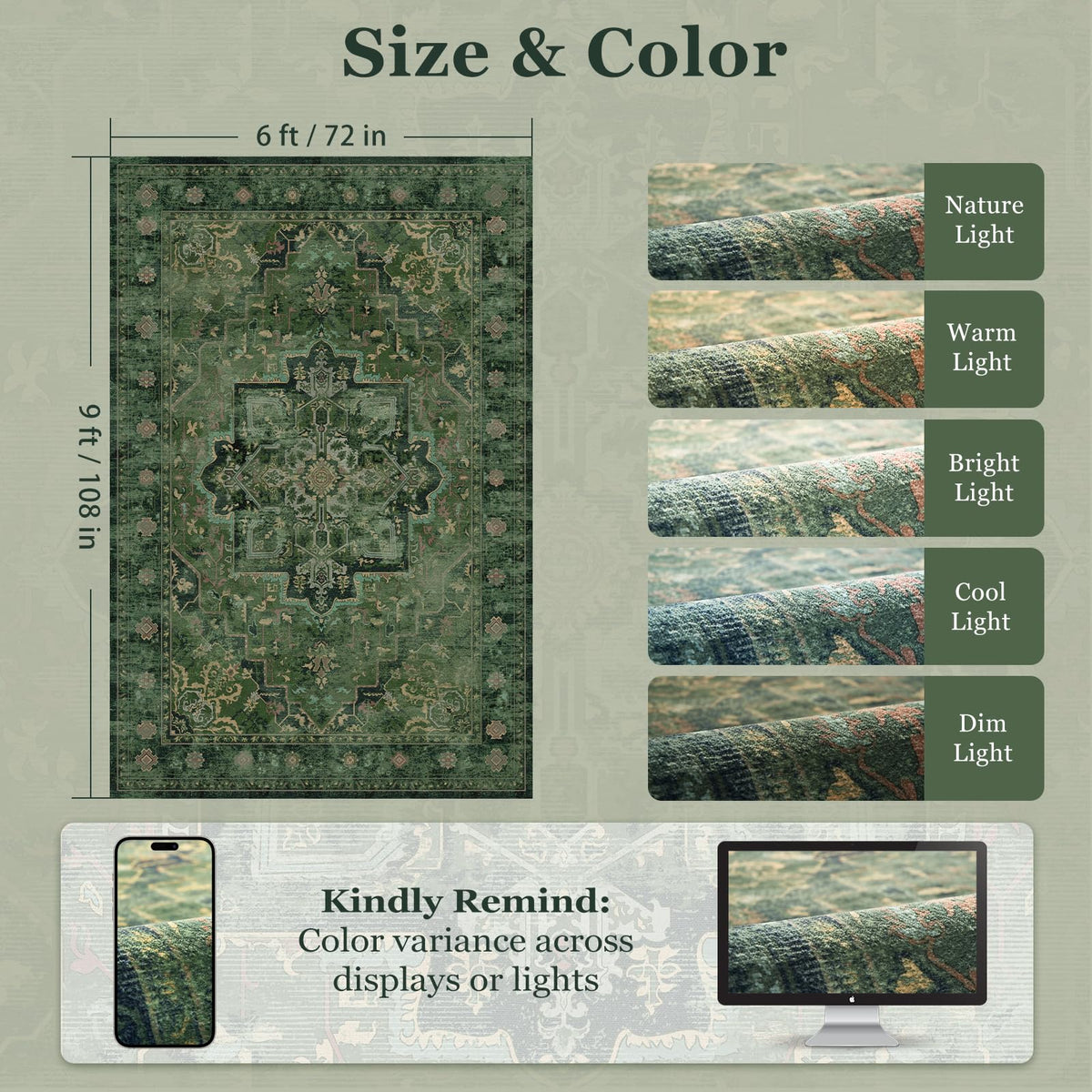 Jainmy dark green rug with distressed texture adds vintage character to bedrooms and dining spaces.
