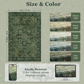 Jainmy dark green rug with distressed texture adds vintage character to bedrooms and dining spaces.