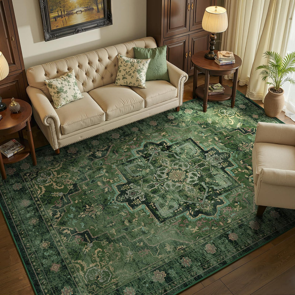 Jainmy dark green medallion-print rug for a stylish living room focal point.