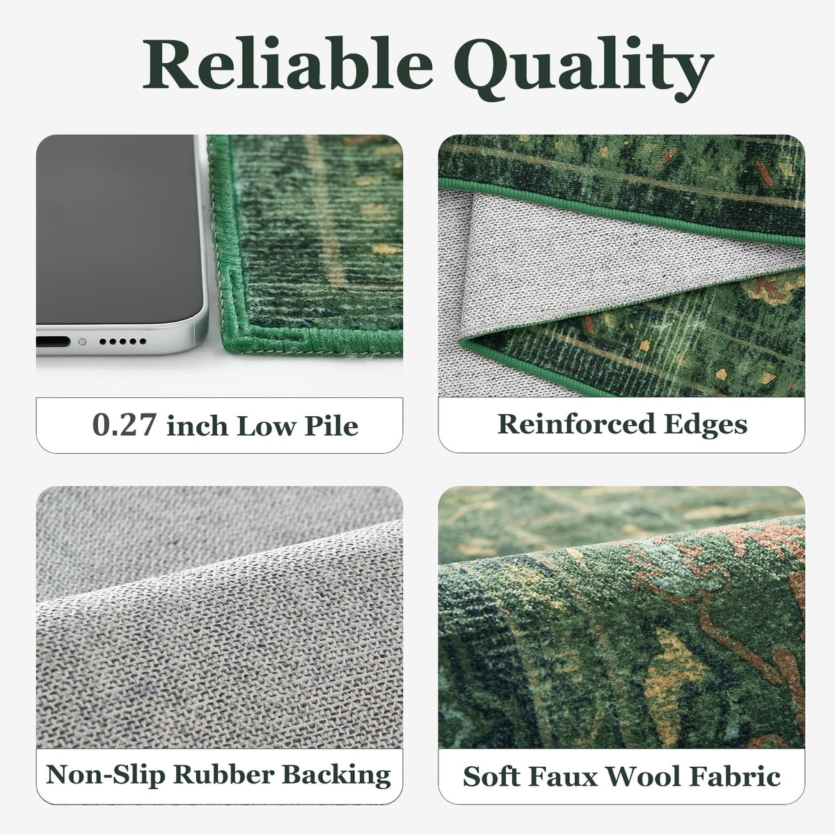 Jainmy washable rug is easy to clean with vacuuming and damp wipe-downs.