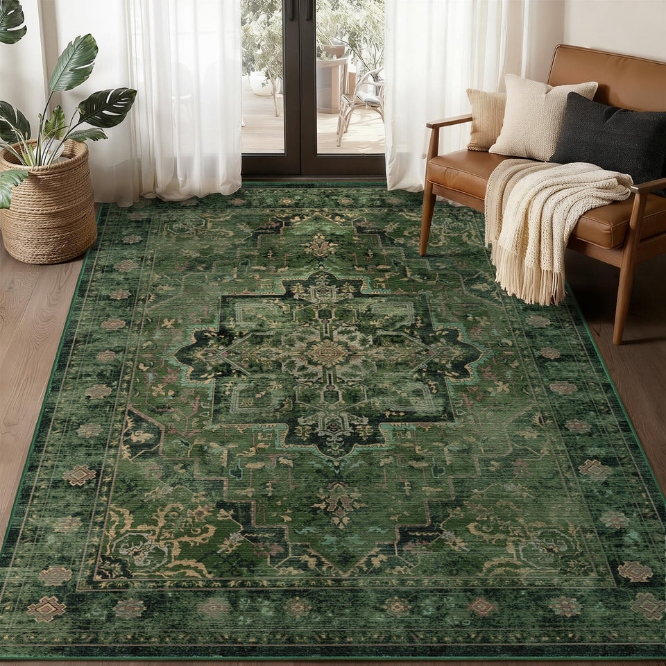 Jainmy Vintage Dark Green Rug with medallion pattern enhances living room style
