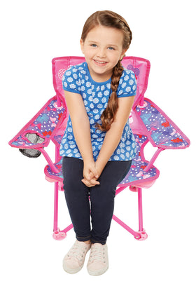 JAKKS Pacific Minnie camp chair open with a child for outdoor seating.