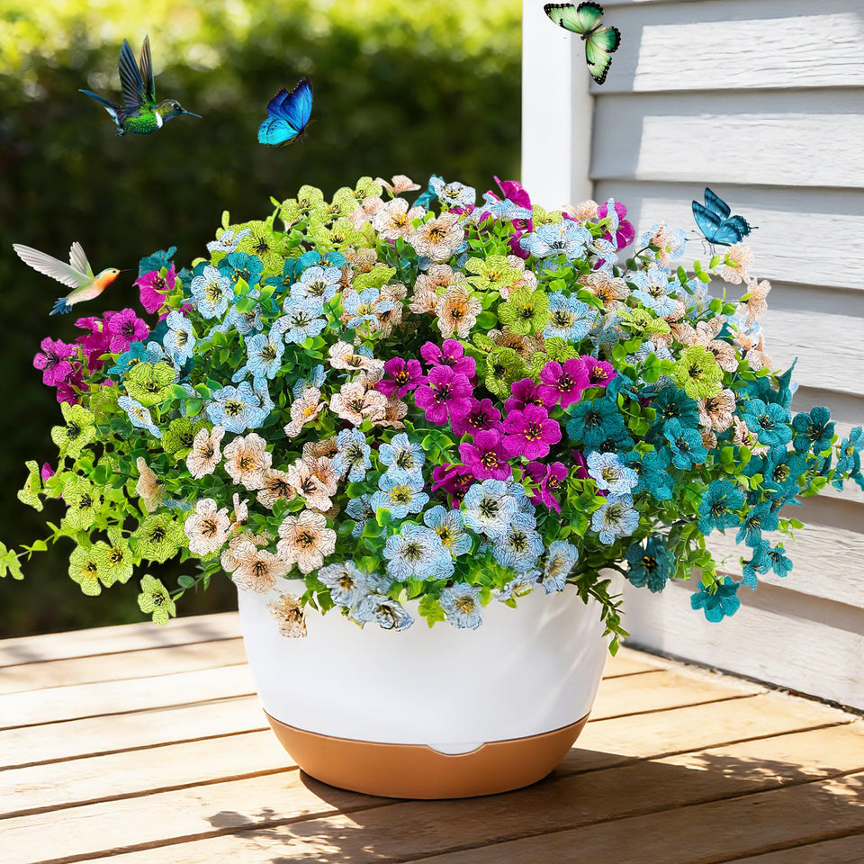JAKY-Global faux daisy and eucalyptus bouquet for outdoor planters adds year-round color.