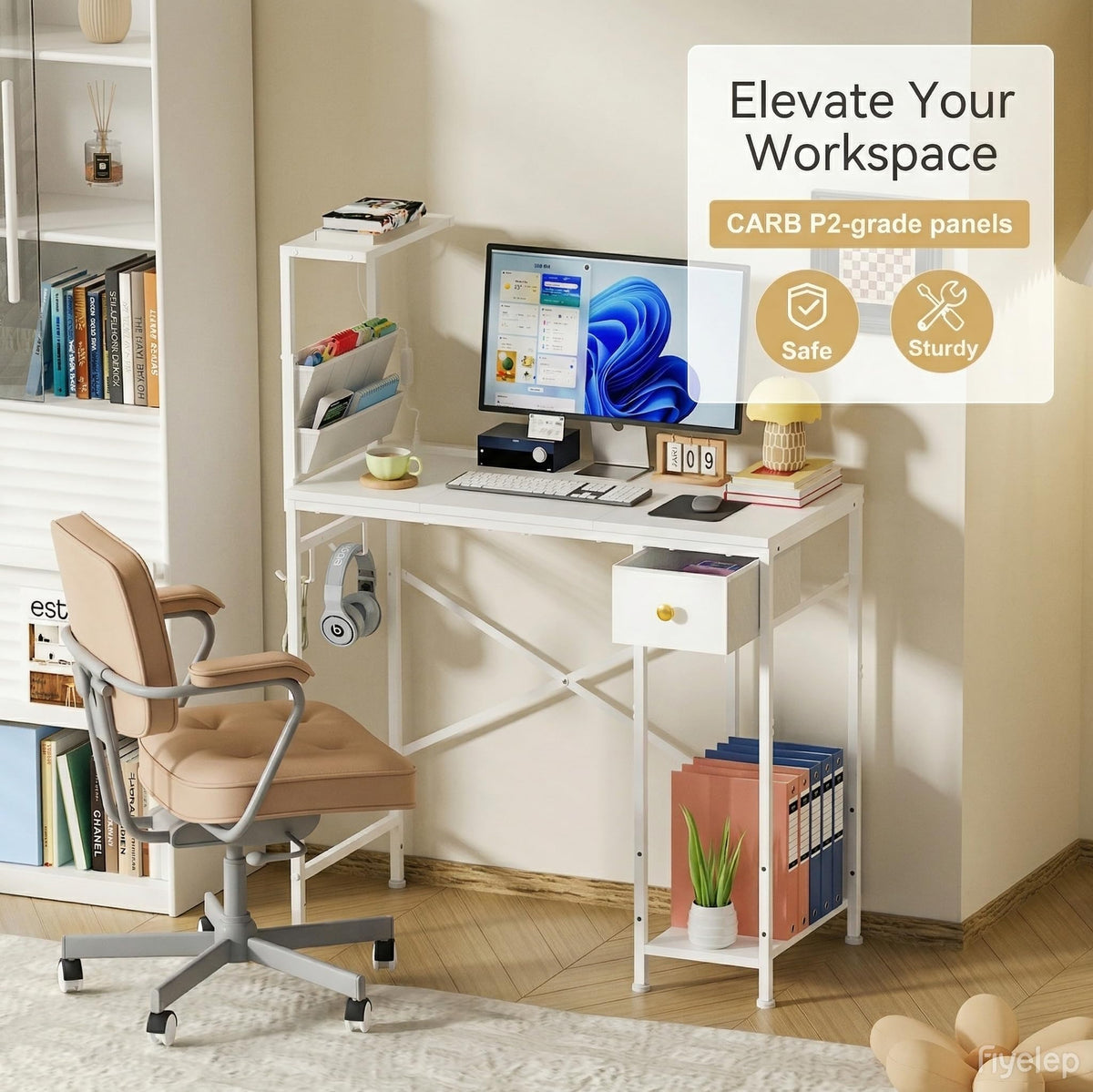 Jakyitvi desk built-in power strip offers convenient charging.