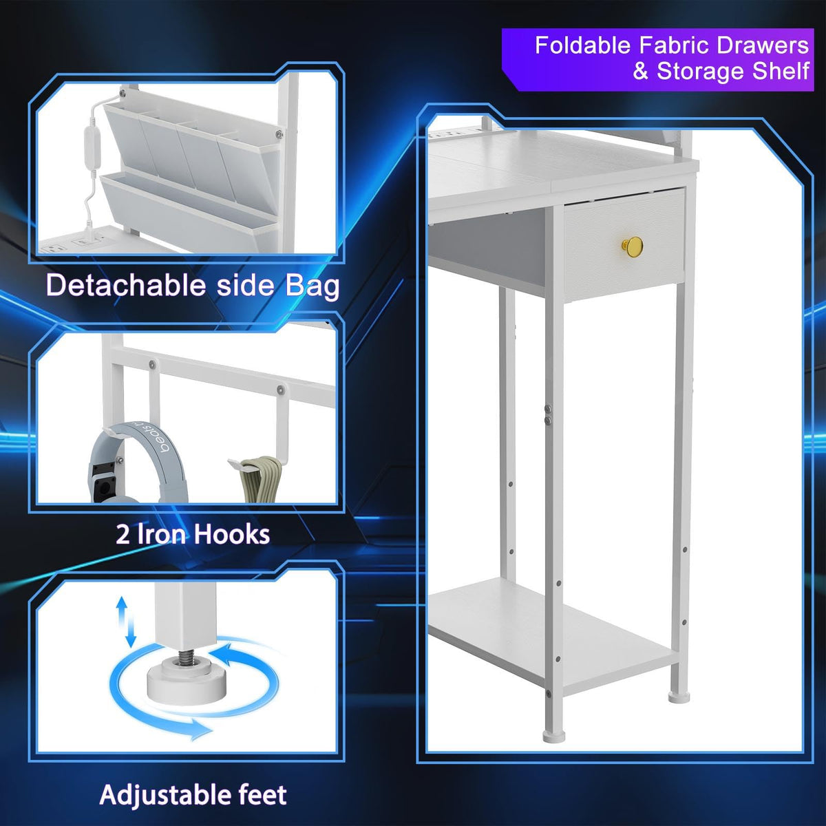Jakyitvi desk side storage bags and hooks keep essentials within reach.