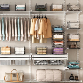 Jakyitvi wardrobe storage bins on shelves for quick outfit selection.