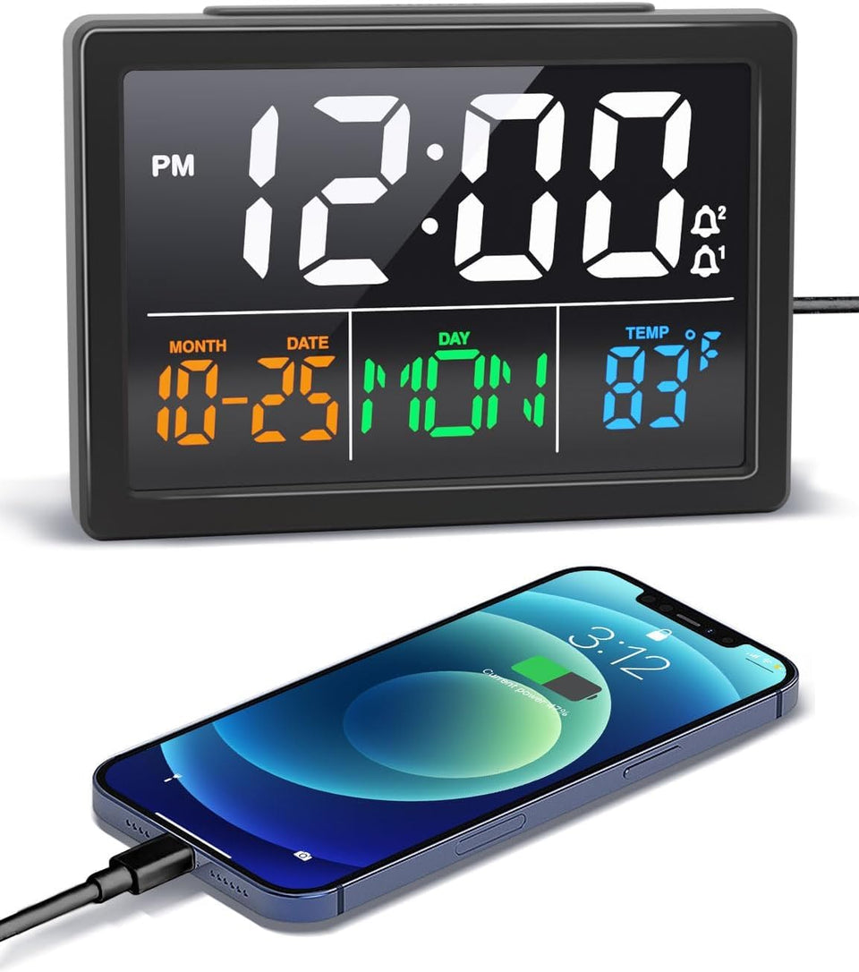 JALL digital alarm clock with 5.5-inch display showing time date and temperature clearly