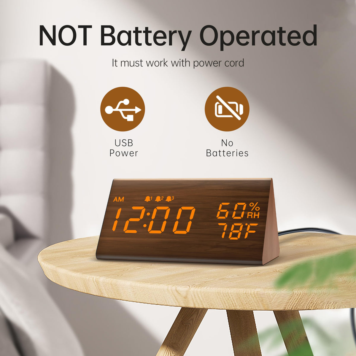 JALL clock shows three alarm settings for flexible wake-ups.