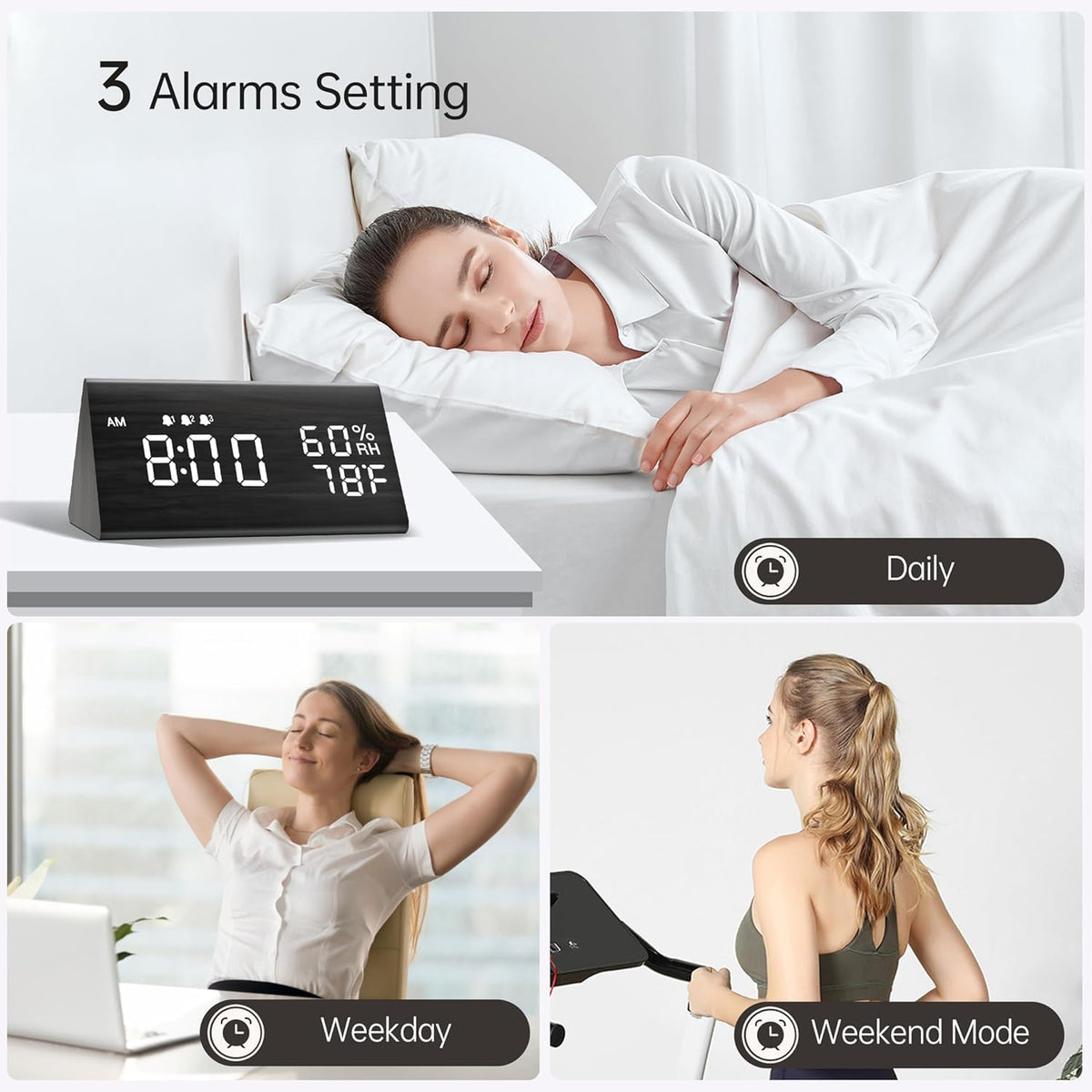 JALL three-alarm clock enables flexible wake times for you and family.