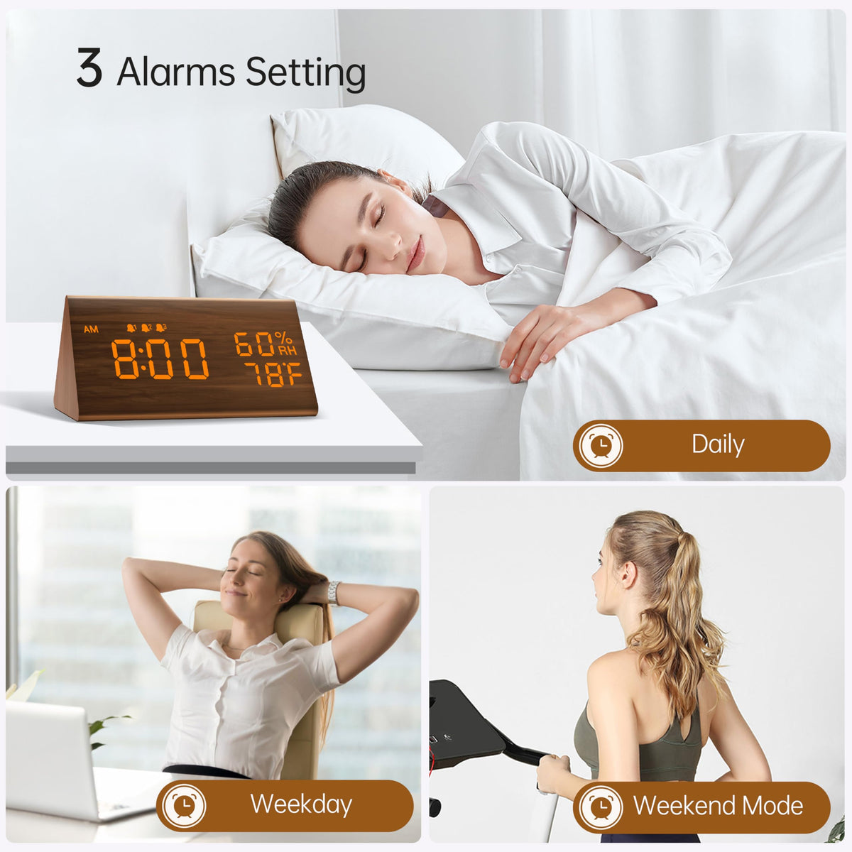 JALL alarm clock powered by USB cord for clean setup.