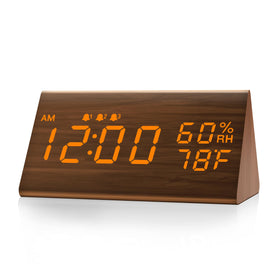 JALL wooden digital alarm clock front view with natural finish for bedside decor.