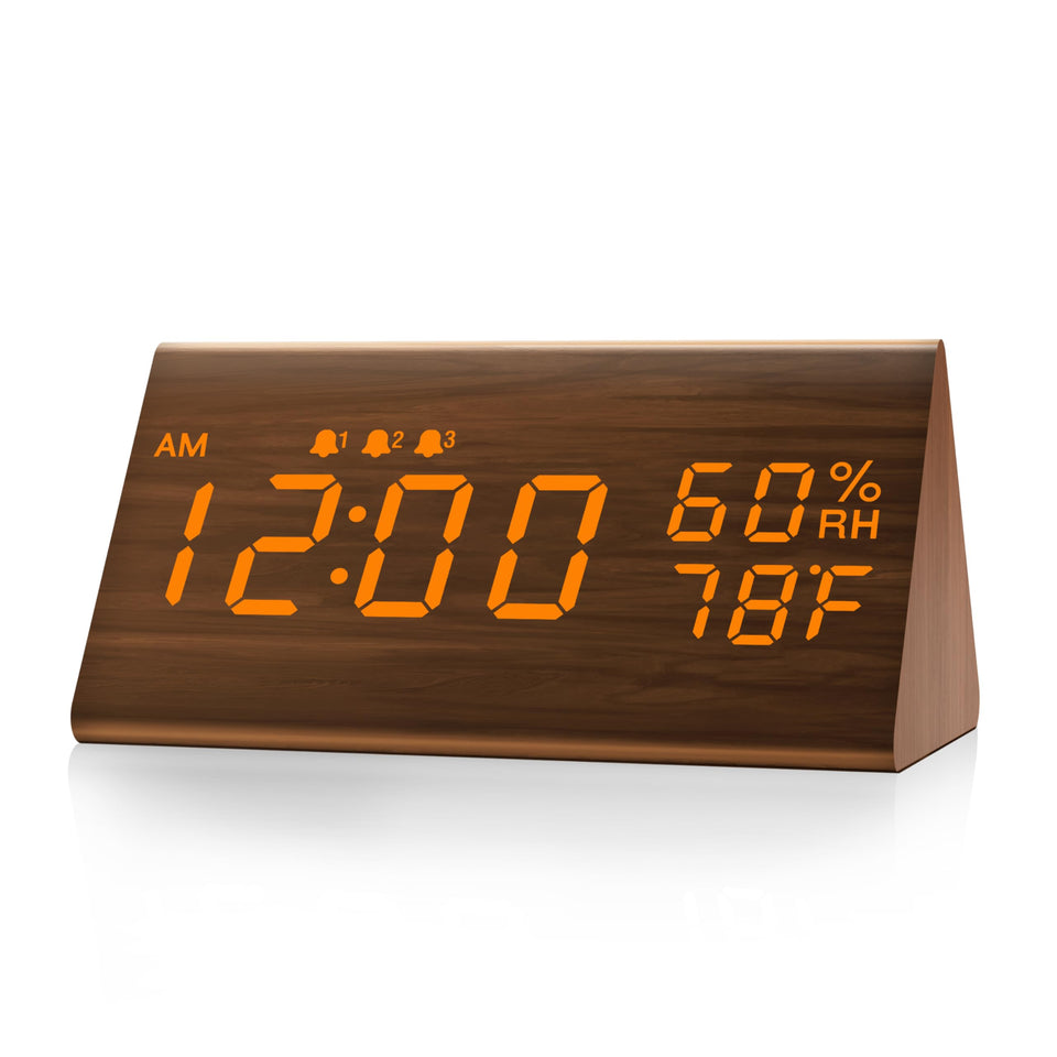 JALL wooden digital alarm clock front view with natural finish for bedside decor.