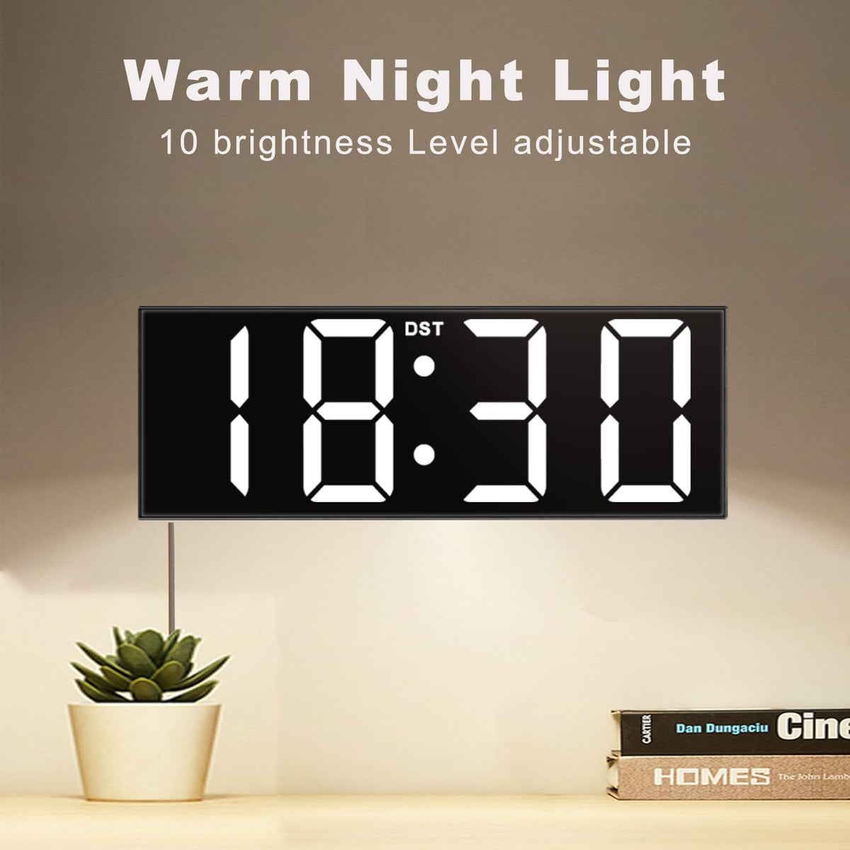 Night light glow from the JALL clock creates a cozy bedroom ambiance.