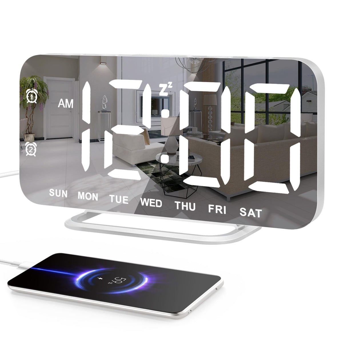 JALL Slim LED alarm clock with mirror-face for time and makeup checks.