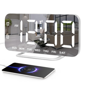 JALL Slim LED alarm clock with mirror-face for time and makeup checks.