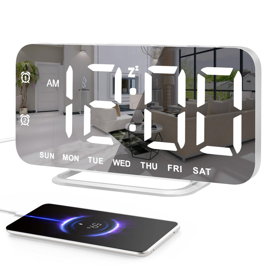 JALL Slim LED alarm clock with mirror-face for time and makeup checks.