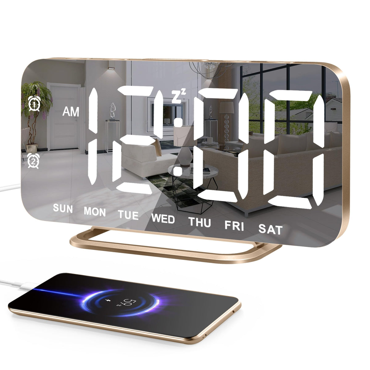 JALL slim LED clock with mirror display, perfect for vanity checks and time visibility.