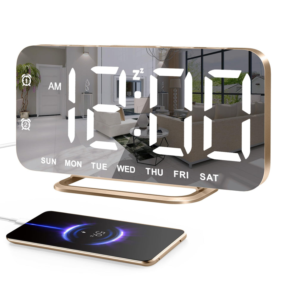 JALL slim LED clock with mirror display, perfect for vanity checks and time visibility.