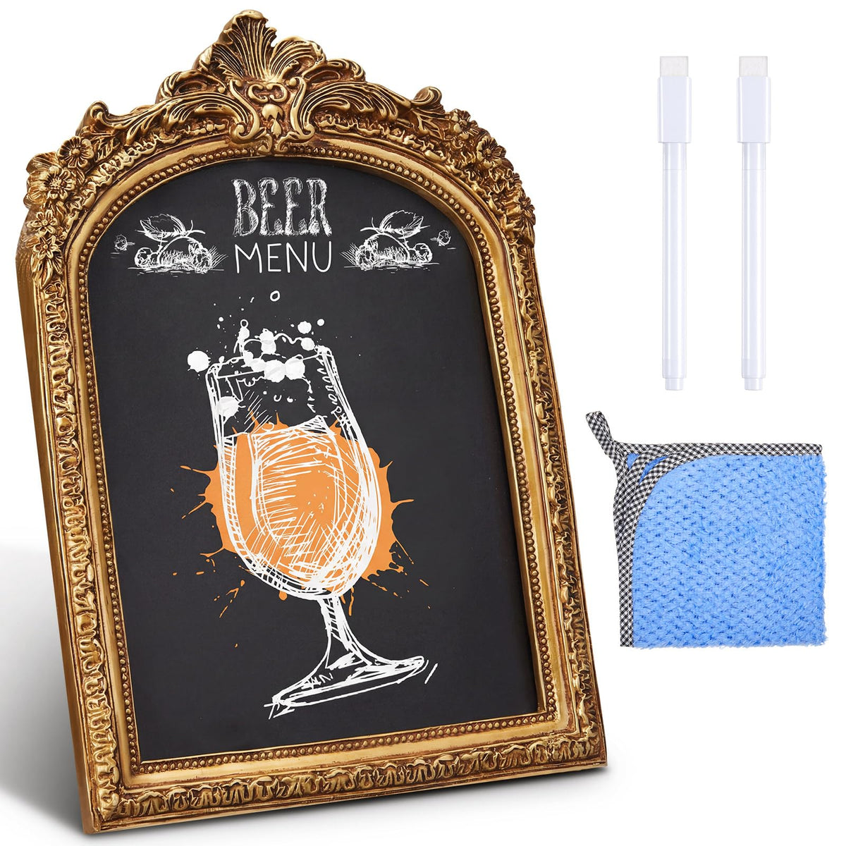 Jaloro Arch chalkboard sign with vintage gold frame for tabletop messaging.