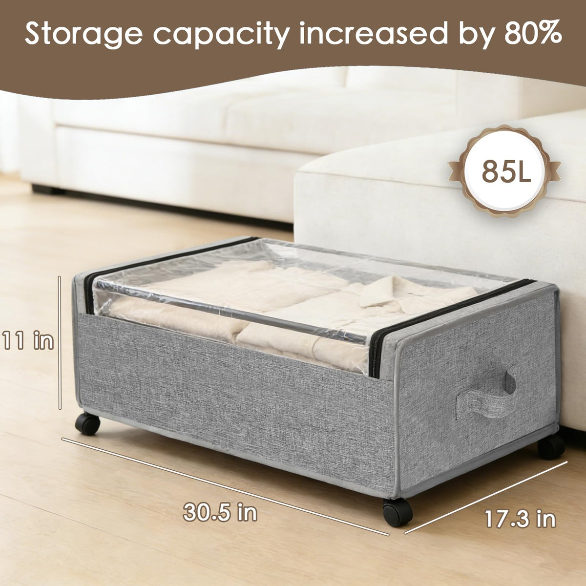 JALUNIVERSAL TRI rolling under-bed bin with clear lid for quick content checks.